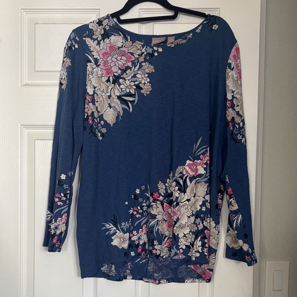 Chico’s Floral Long Sleeve Top Blue Pink White Size XL